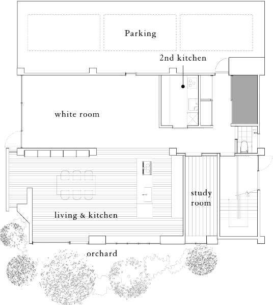 ferme studioの1階の間取り。living&kitchen、study room、white room、2nd kitchen、parking、orchard。